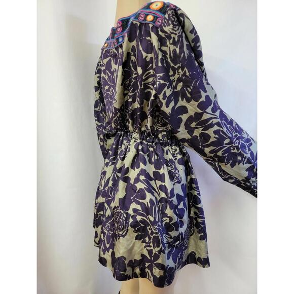 Johnny Was Square Neck Embroidered Floral Print Silk Dress Purple Sz M ?#C6 - Picture 7 of 9